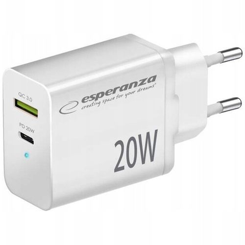 SZYBKA-LADOWARKA-SIECIOWA-DO-TELEFONU-USB-C-PD-20W-USB-A-18W-QC-3-0 Esperanza EZC105W Lādētājs Type C 20W + USB QC3.0 18W