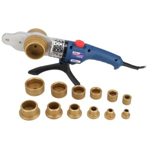 Plastmasas caurulu kausetajs 800 W/1500 W, metala koferis, 7 adapteri 16–63 mm, caurulu griešanas škeres, cimdi, merlente 2 m (DED7514)