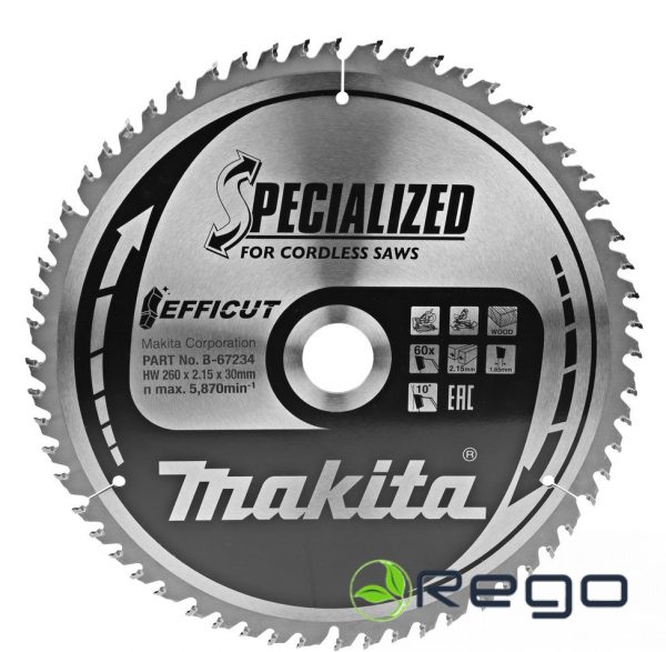 B-67234.jpg Makita Zāģripa EFFICUT 260X2.15X30mm 10° T60 T.C.T. (B-67234)