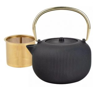 Čuguna tējkanna ar sietiņu, emaljēta iekšpuse, 1 l, melna ar zelta rokturi, KING Hoff, KH 1931