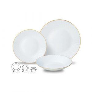 Stikla šķīvju komplekts, 18 gab. (vakariņām, desertam, zupai), opāls, balts ar zelta dekorāciju, KIN